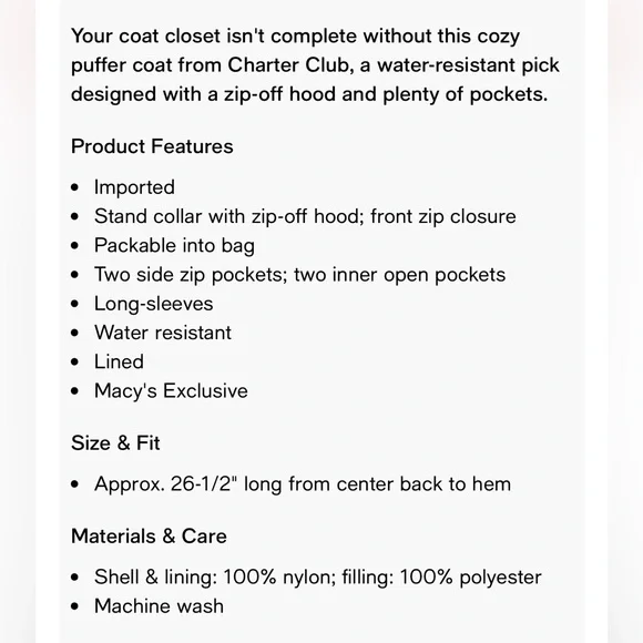 NWT Charter Club Packable Puffer Jacket, S - Picture 9 of 9